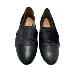 Signature Womens Black Leather Calf Hair Cap Toe Loafers Flats Almond Toe